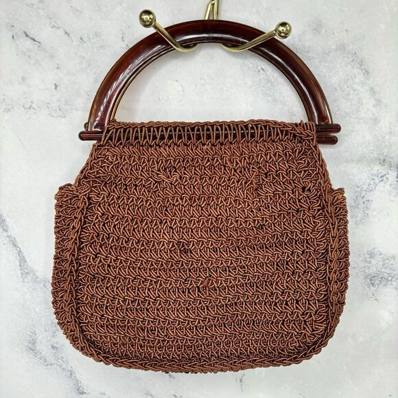 Vintage Handbags - Vintage 60s Macrame Handbag Purse Lucite Handles Made In Italy Retro Hippy chic